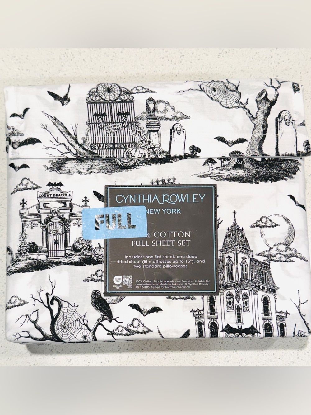 🖤 Cynthia Rowley Full Size Halloween Haunted Toile Black Goth Sheet Set Cemetery